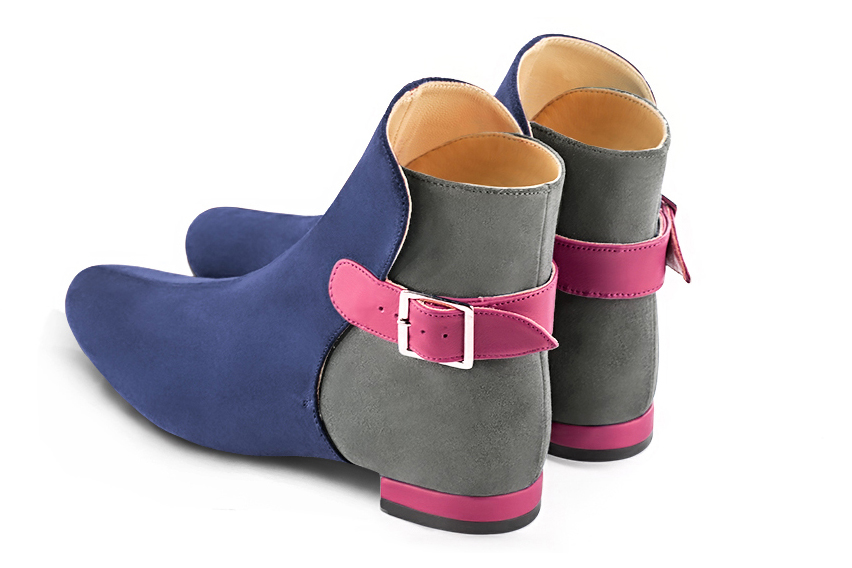 Prussian blue, dove grey and fuschia pink women's ankle boots with buckles at the back. Round toe. Flat block heels. Rear view - Florence KOOIJMAN